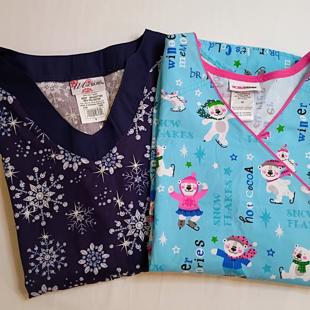 Scrubstar/UA Scrubs Womens M Winter Holiday Polar Bear Snowflakes Med. Scrub Top